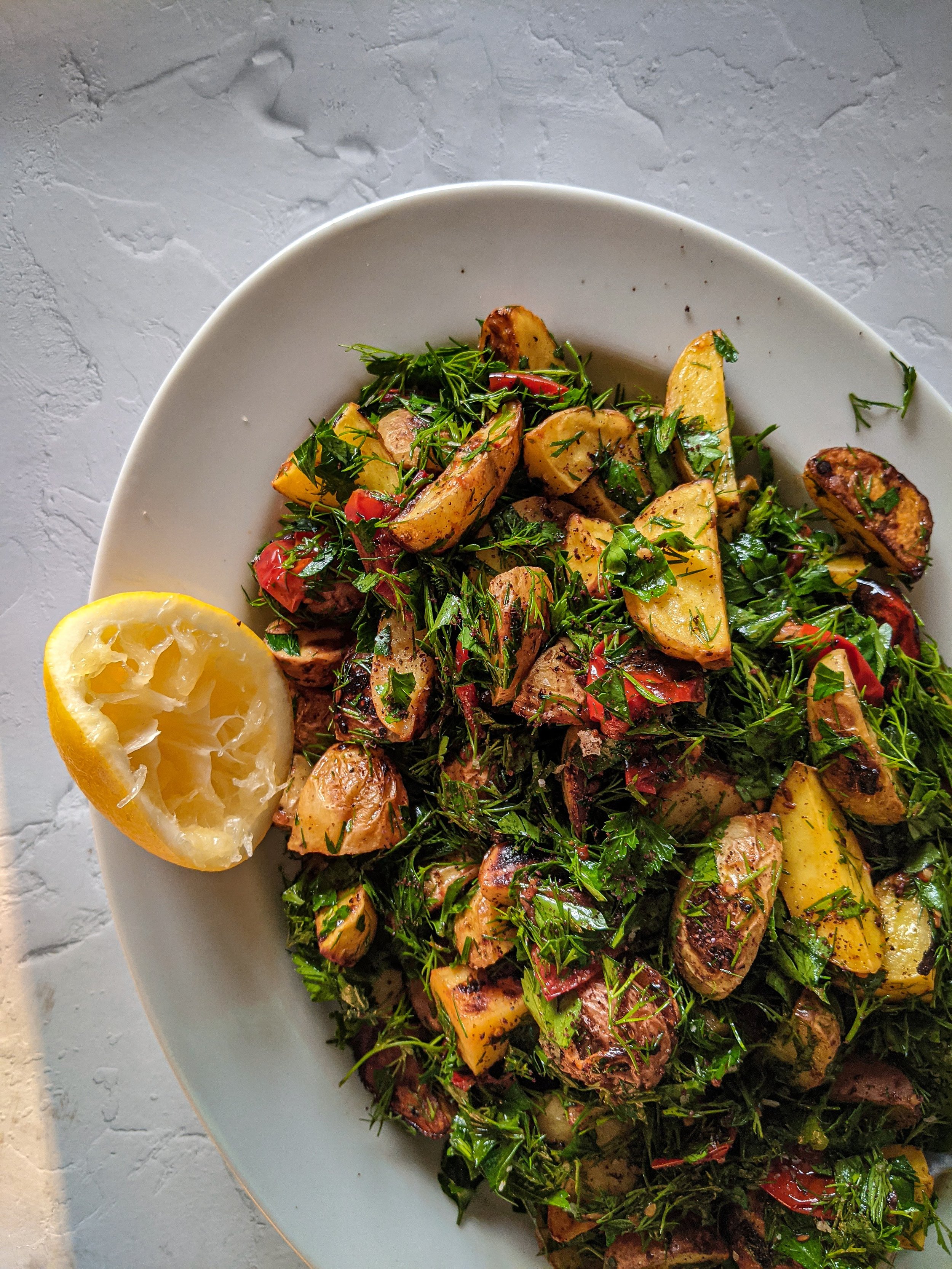 Roasted Tomatoes, Potatoes with Cumin, Lemon and Fresh Herbs