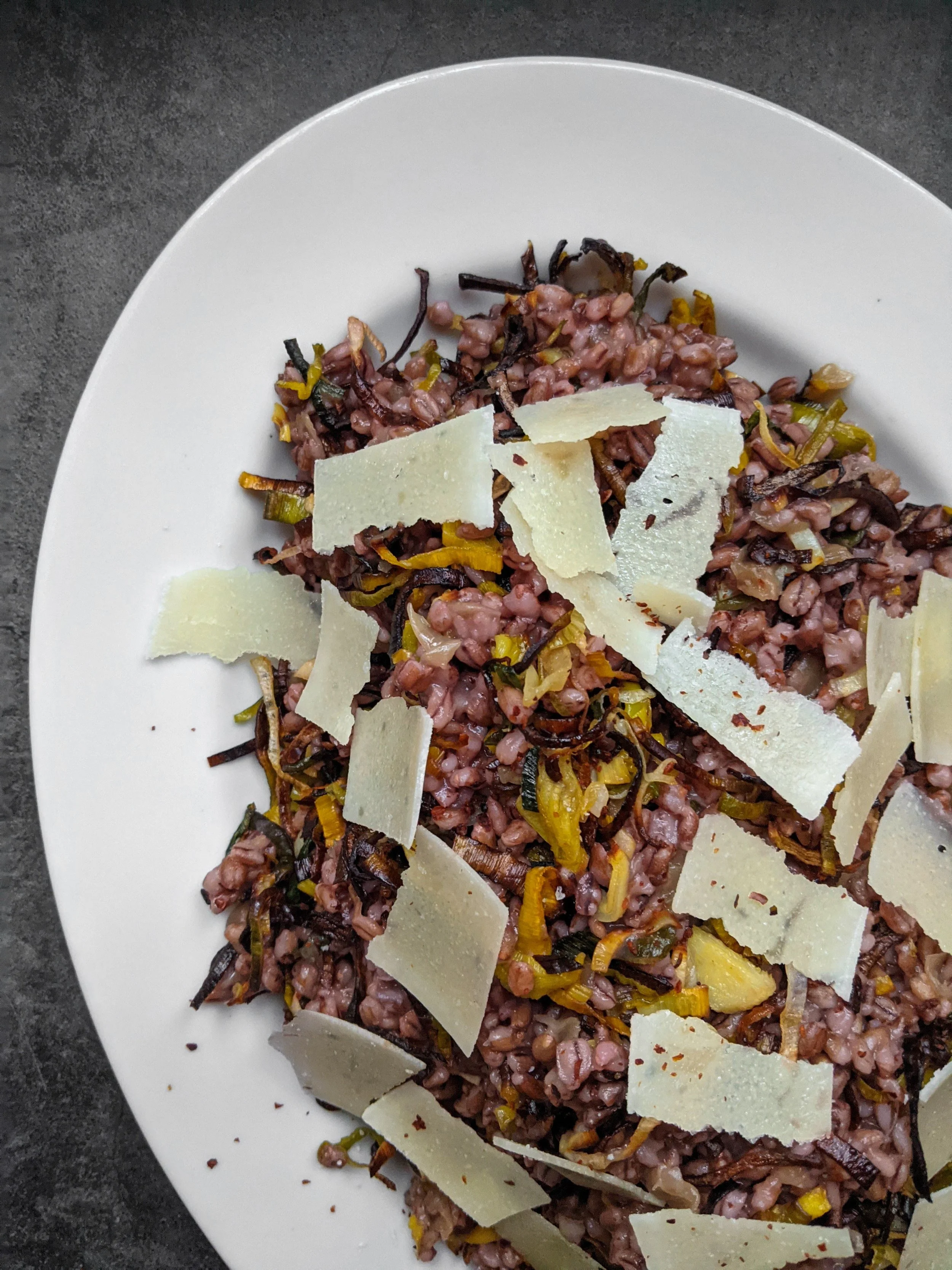 Roasted Leeks with Tibetan Purple Barley and Pecorino