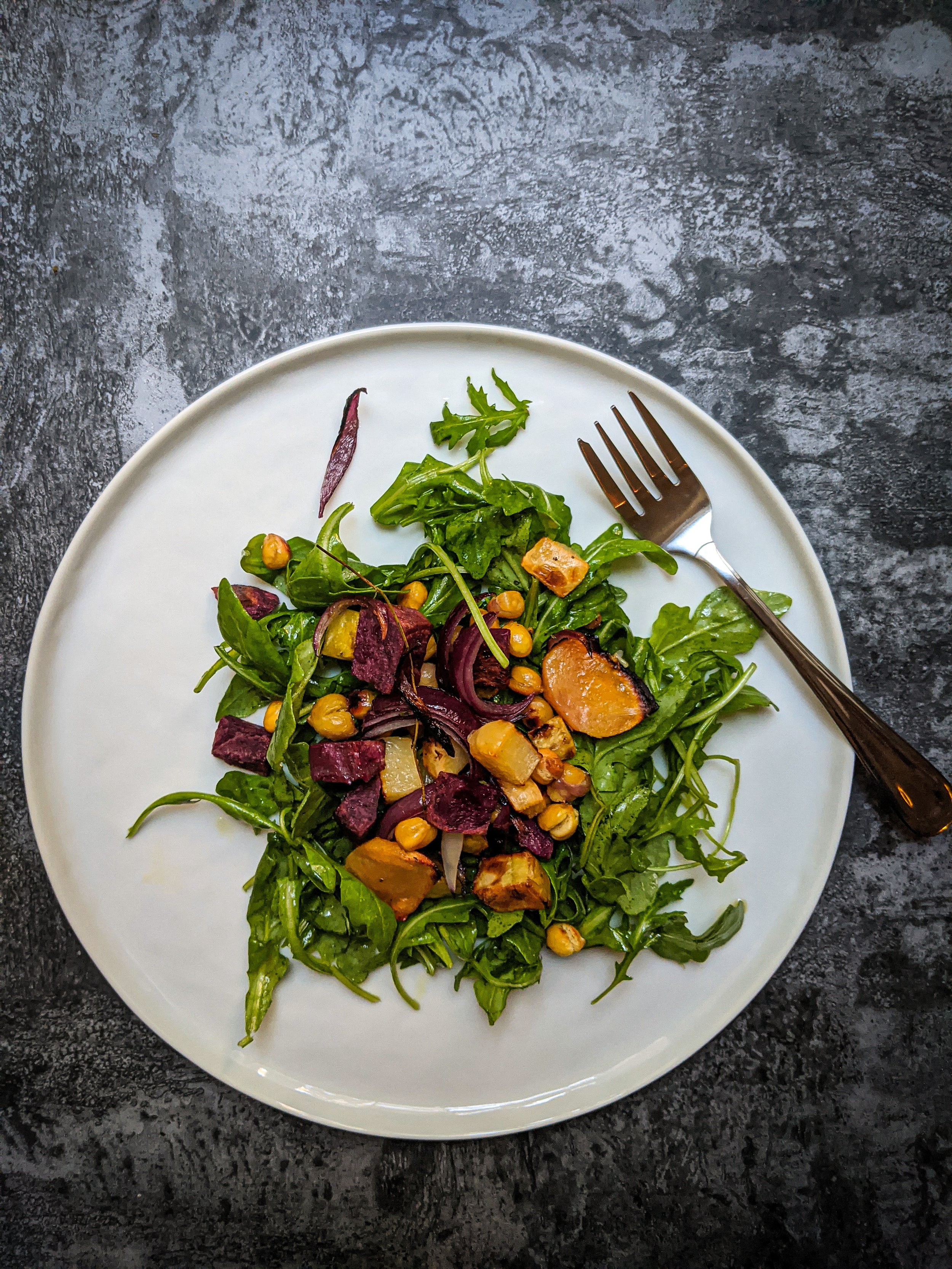  Roasted Fall Hash with Chickpeas &amp; Arugula</a>  			