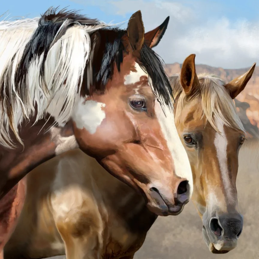 Beautiful artistic rendering of Wild Mustang horses, a stallion paint a Mare with a light brown coat and blonde mane, set against a mountainous landscape.