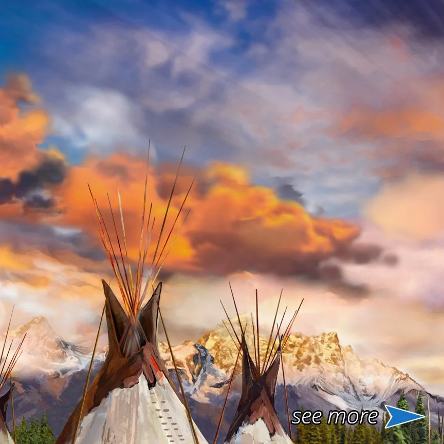 Colorful sunset over mountains with tipi structures in foreground.
