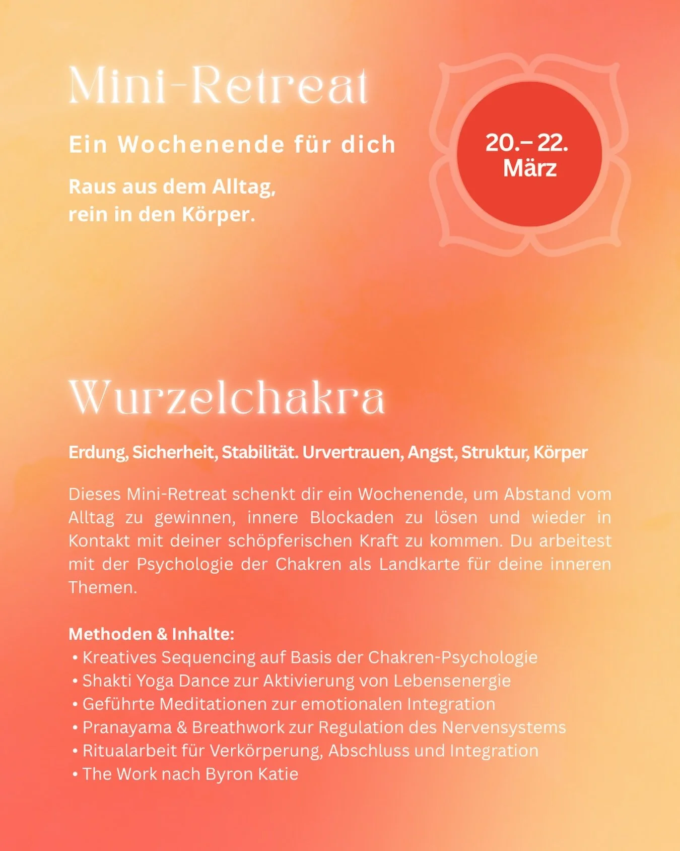 𝗭𝘂𝗿𝘂̈𝗰𝗸 𝘇𝘂 𝗱𝗲𝗻 𝗪𝘂𝗿𝘇𝗲𝗹𝗻 🪾

Unser erstes Mini-Retreat naht &ndash; und wir widmen dieses Wochenende ganz bewusst dem Wurzelchakra.

In einer Zeit, die oft laut und schnell ist, schaffen wir einen Raum, in dem du ankommen darfst. Im K