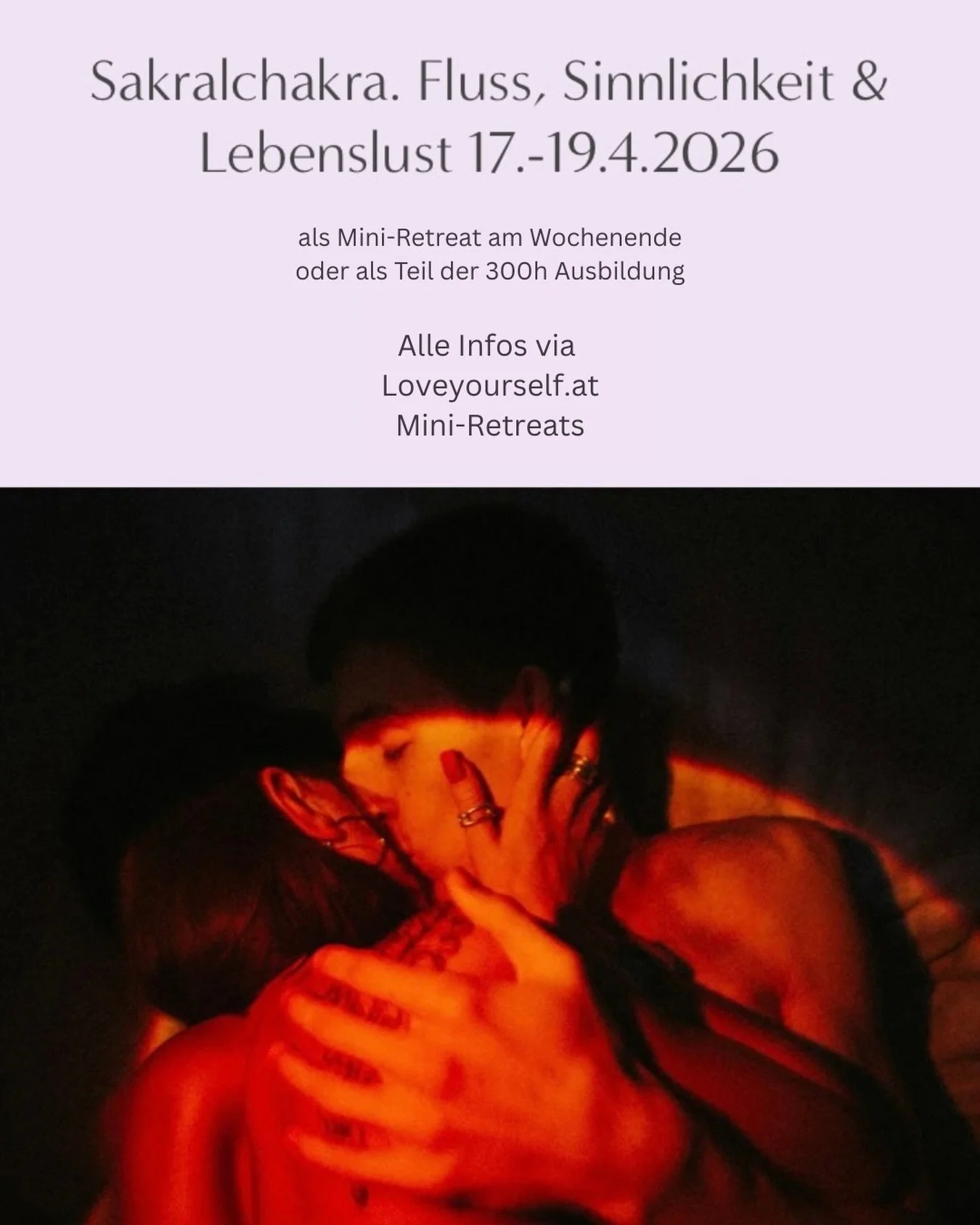 𝗦𝗮𝗸𝗿𝗮𝗹𝗰𝗵𝗮𝗸𝗿𝗮 &ndash; 𝗙𝗹𝘂𝘀𝘀, 𝗦𝗶𝗻𝗻𝗹𝗶𝗰𝗵𝗸𝗲𝗶𝘁 &amp; 𝗟𝗲𝗯𝗲𝗻𝘀𝗹𝘂𝘀𝘁
17.&ndash;19.4.2026 @performwien 

Kleiner Sneak-Peak: nach unserem Wurzelchakra-Wochenende tauchen wir ins Wasserelement, ins Sp&uuml;ren, ins Flie&szli