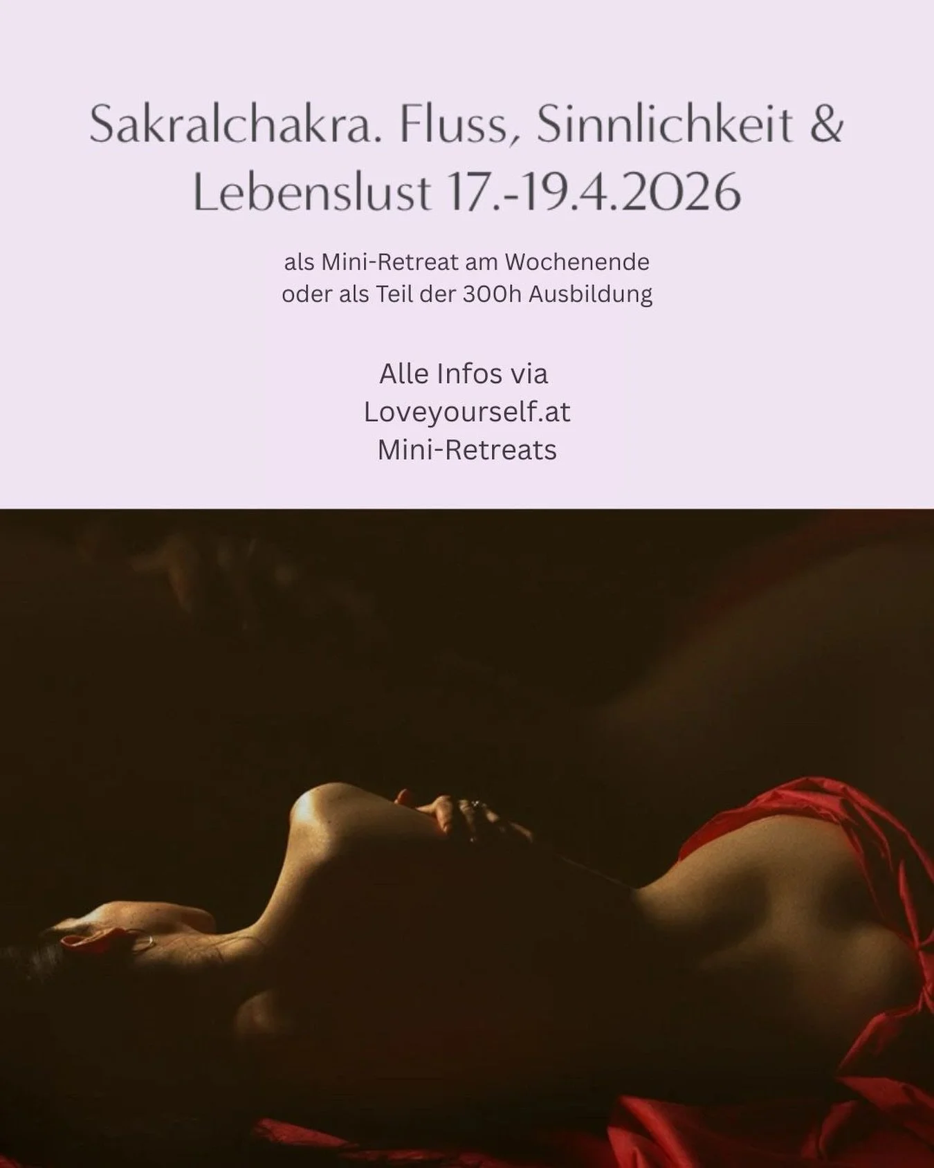 𝗦𝗮𝗸𝗿𝗮𝗹𝗰𝗵𝗮𝗸𝗿𝗮 - 𝗙𝗹𝘂𝘀𝘀, 𝗦𝗶𝗻𝗻𝗹𝗶𝗰𝗵𝗸𝗲𝗶𝘁 &amp; 𝗟𝗲𝗯𝗲𝗻𝘀𝗹𝘂𝘀𝘁
17.-19.4.2026 @performwien

Nach unserem Wurzelchakra-Wochenende tauchen wir ins Wasserelement, ins Sp&uuml;ren, ins Flie&szlig;en...

Dieses Mini-Retreat l&au