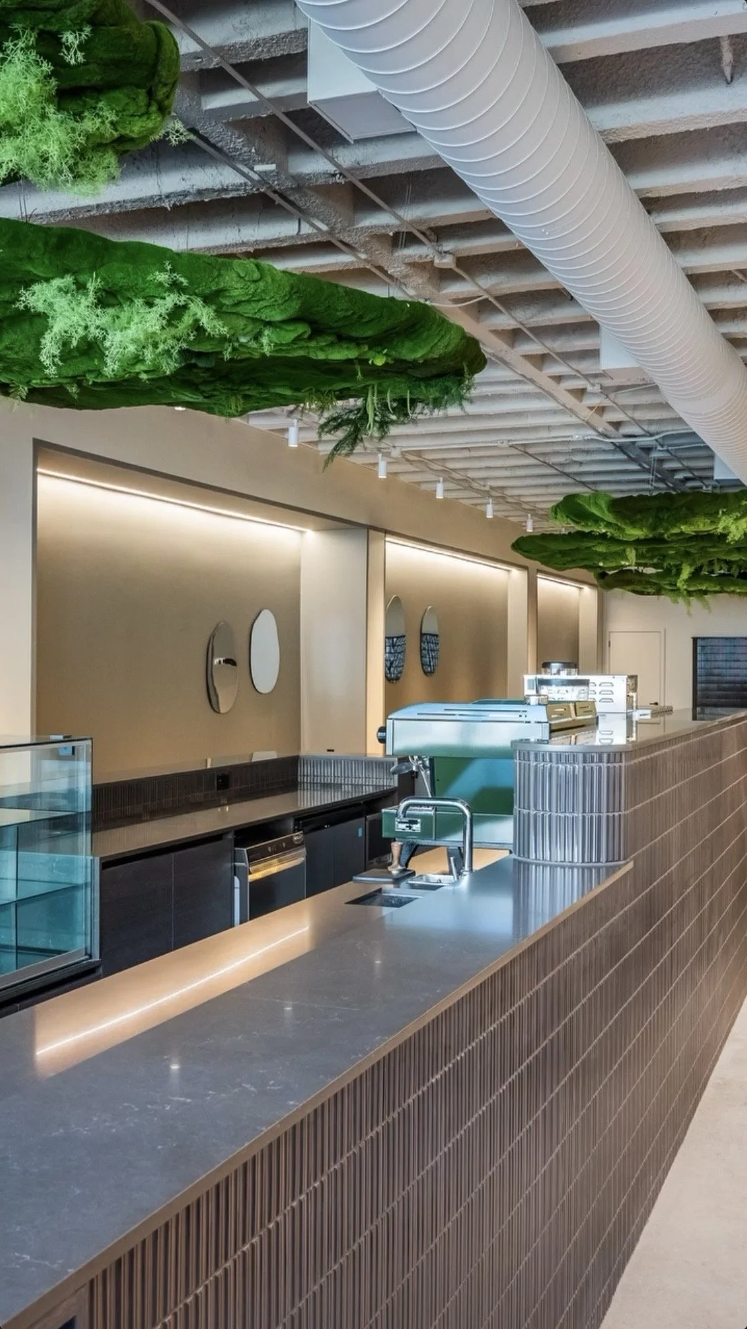 Modern cafe or coffee shop interior with a wooden counter, coffee machines, and green creative ceiling installation resembling layers of lettuce or foliage.