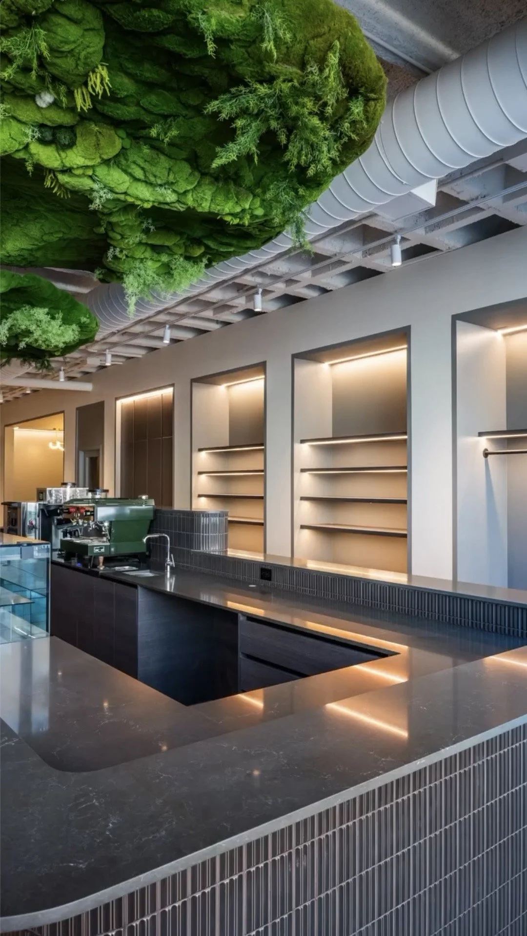 Modern cafe or coffee shop interior with a black countertop, an espresso machine, shelf space, and a ceiling decorated with large green plants resembling moss or foliage.