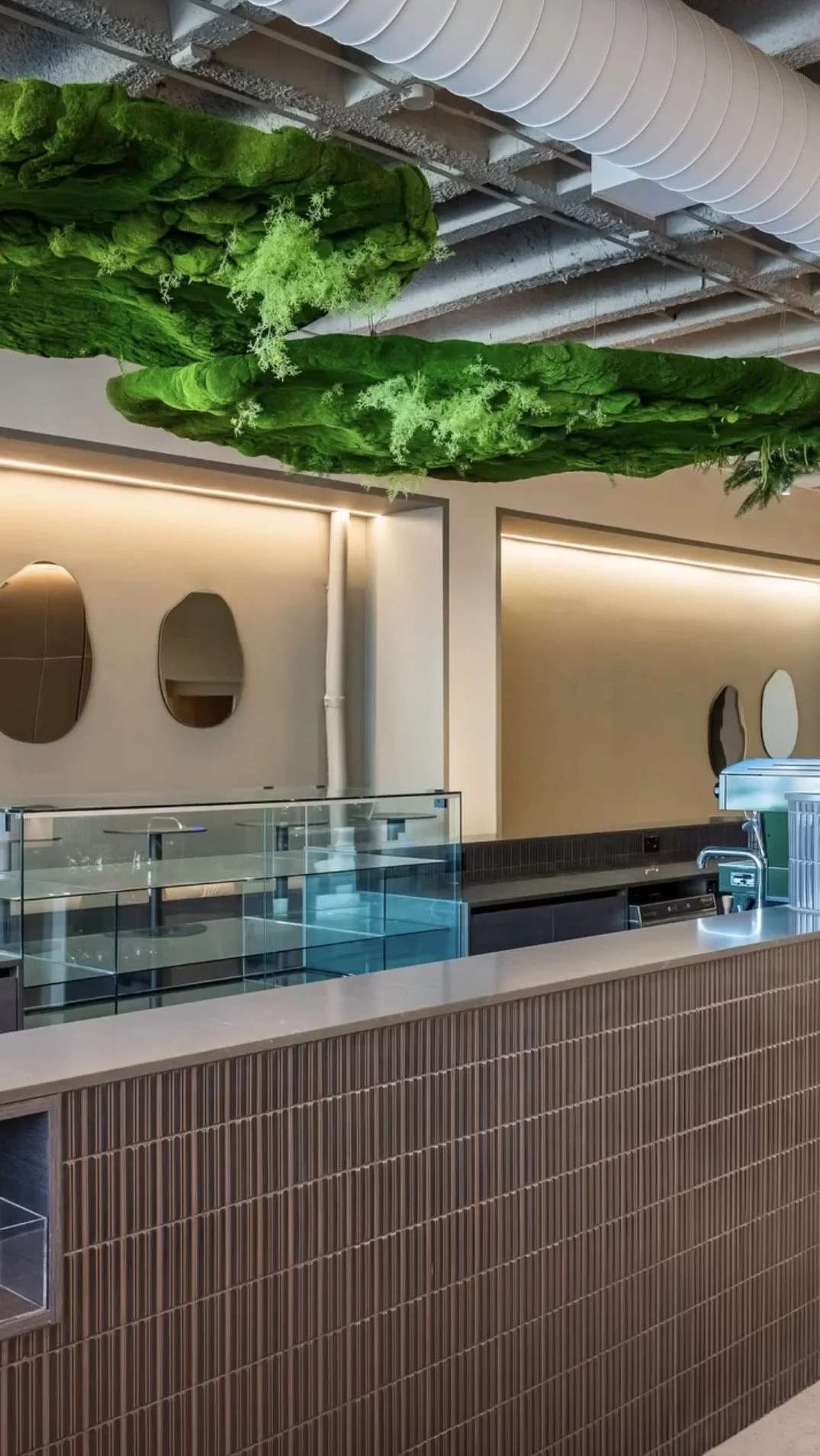 Interior of a modern restaurant or cafe with a brown tiled counter, glass display case, and a ceiling decorated with large green lettuce and leafy greens.