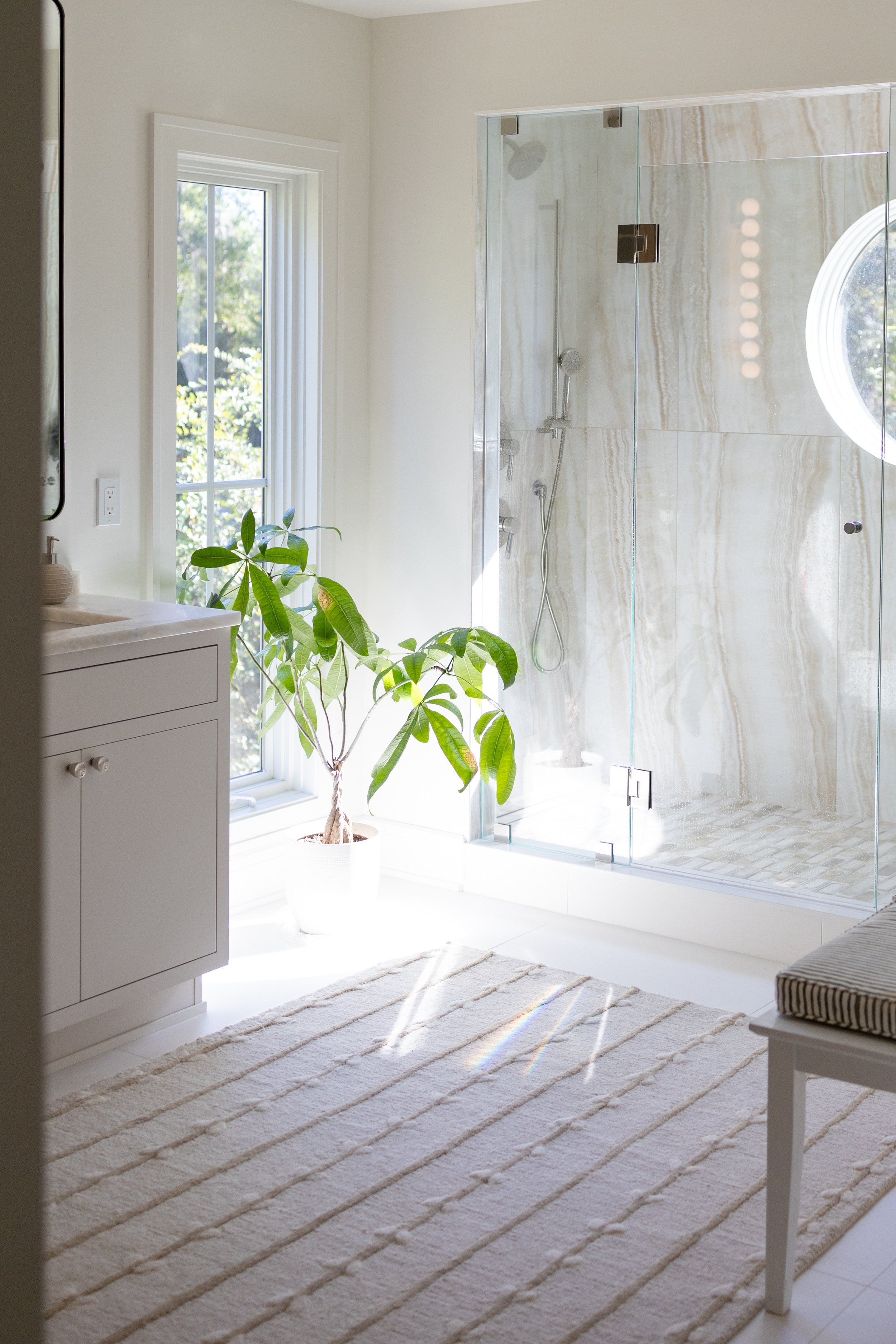 Coastal Master Bathroom Renovation Circle WIndow Bathroom Shower 