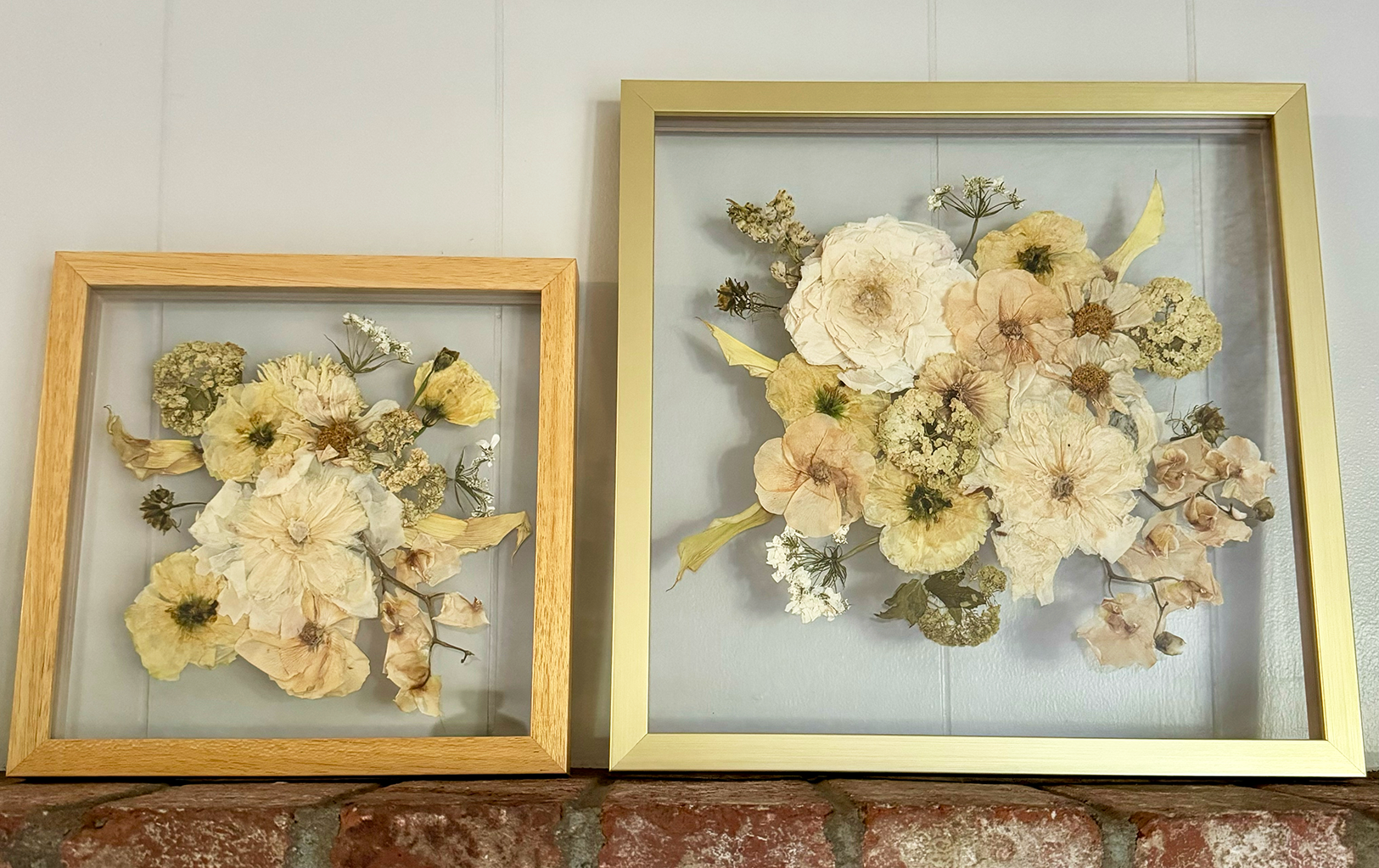 Custom square pressed flower frames using white bridal bouquets for wedding flower preservation art.