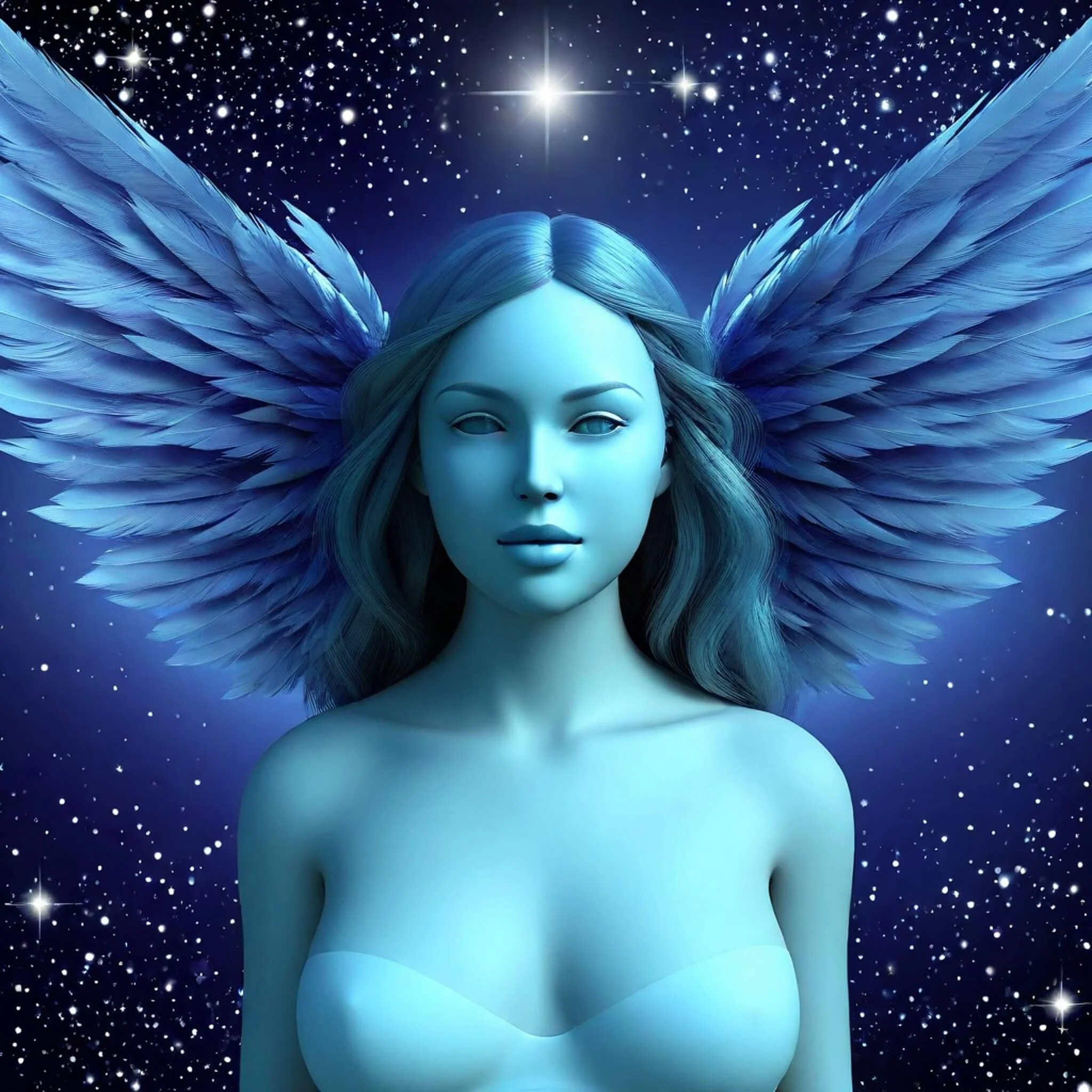 A blue-toned digital illustration of a female figure with large blue feathered wings, set against a starry night sky with bright stars and a prominent shining star at the top center.