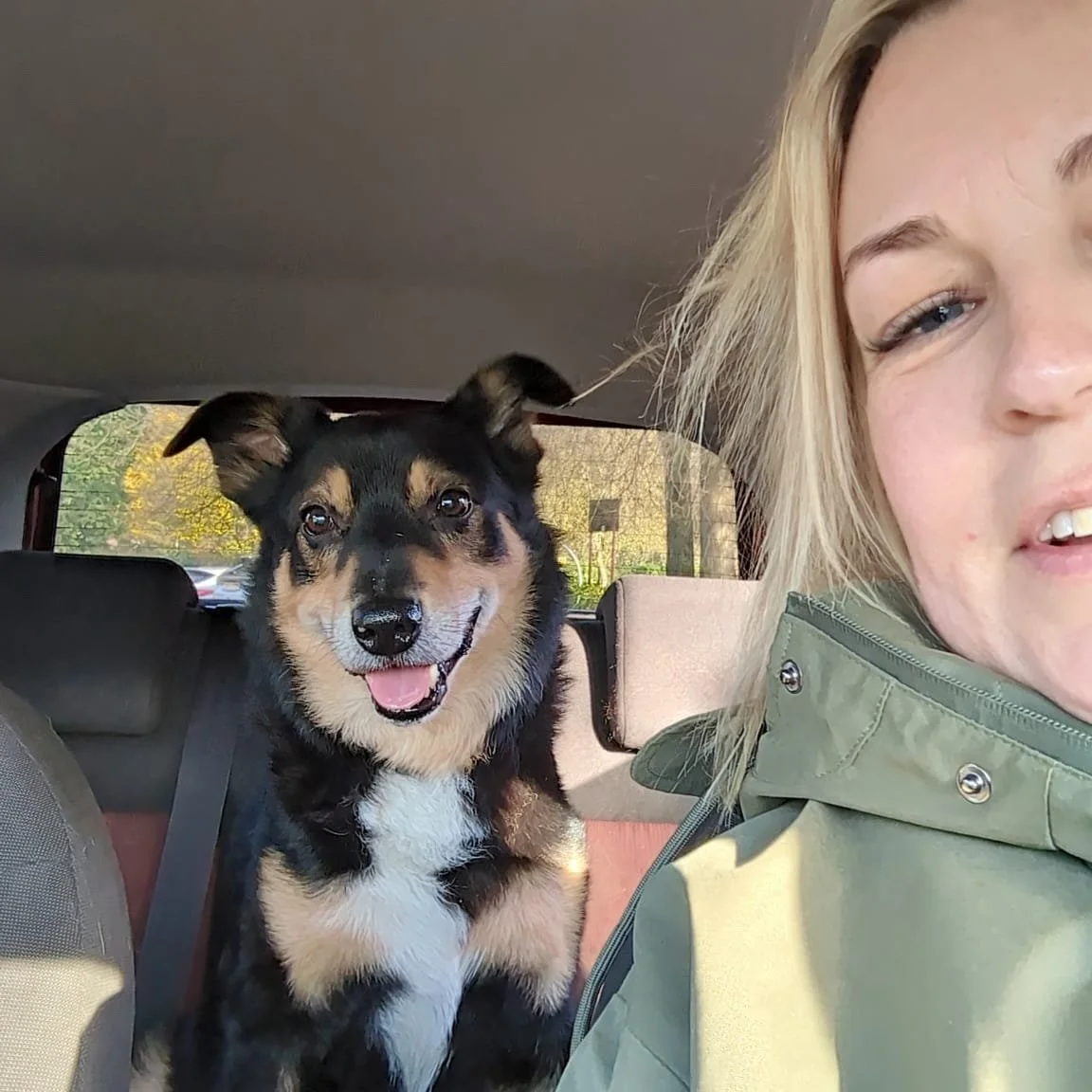 A smiling woman in a green jacket sits in a car beside a happy black and brown dog on the back seat.