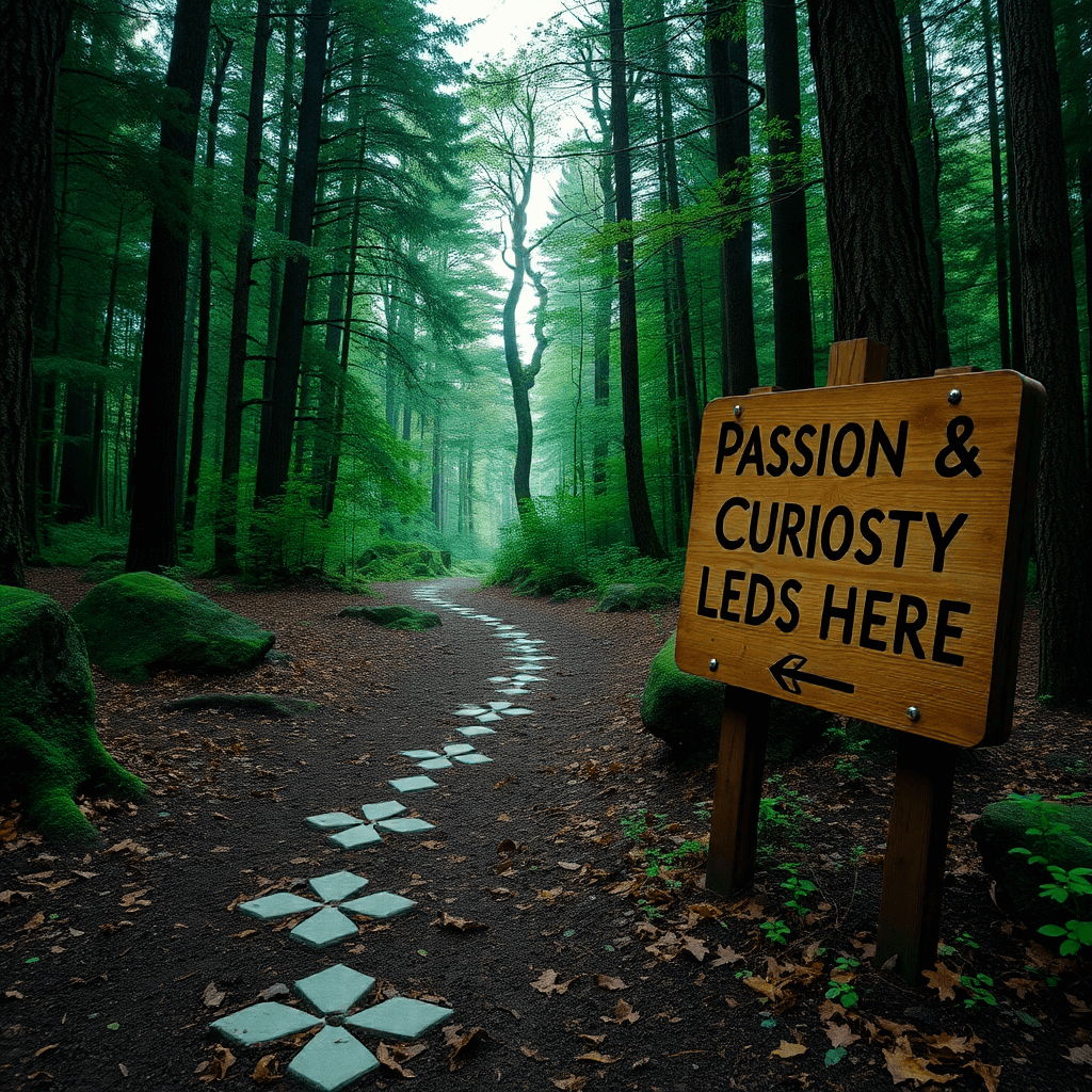 Forest path with a wooden sign reading 'Passion & Curiosity Led Us Here', surrounded by tall trees 