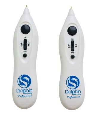 Two identical white handheld devices with the label "Dolphin Neurostim Professional," featuring buttons and dials for operation, used for neuromuscular stimulation.