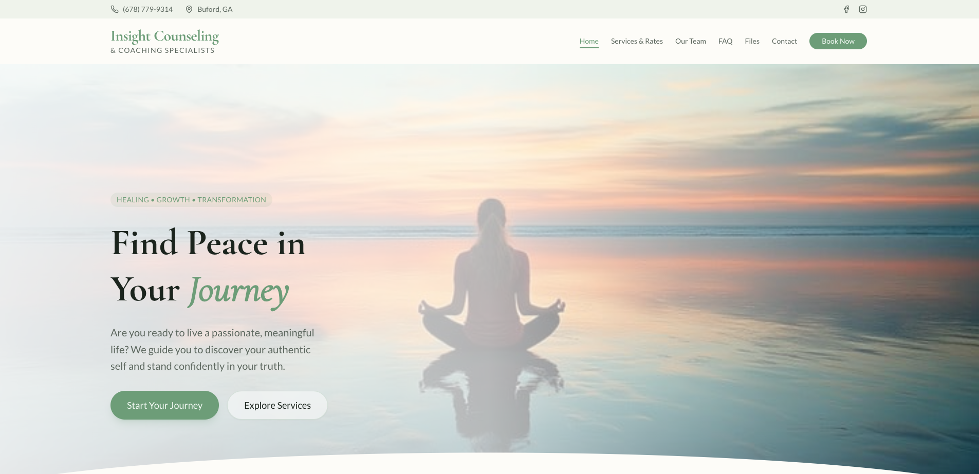 A person meditating on a beach during sunset with calm water and colorful sky.