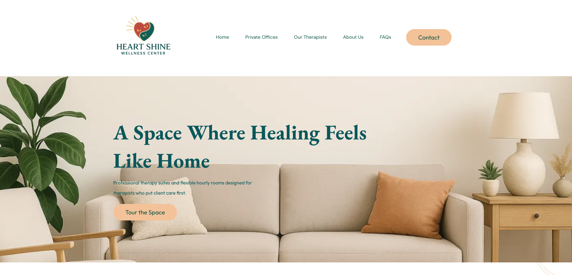 Homepage of Heart Shine Wellness Center featuring a cozy living room with a beige couch, a large green plant, a wooden side table with white and green potted plants, a white table lamp, and a wall with text that reads "A Space Where Healing Feels Lik