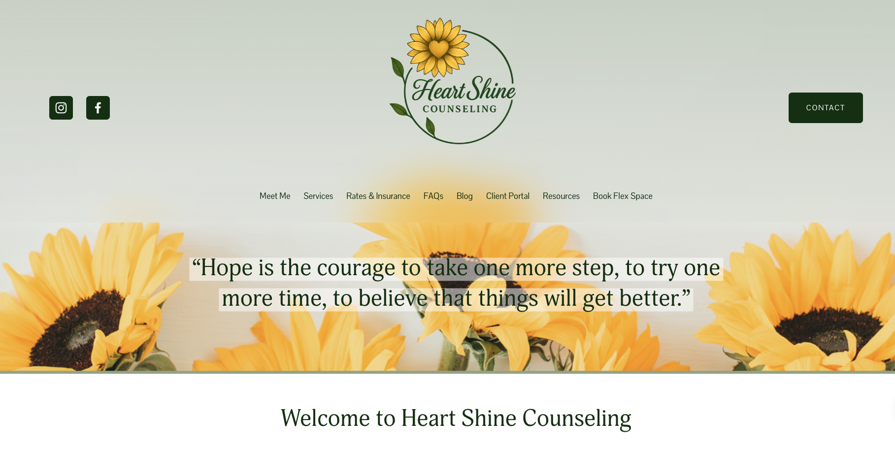Homepage of Heart Shine Counseling with sunflower background, quote about hope, and navigation menu.