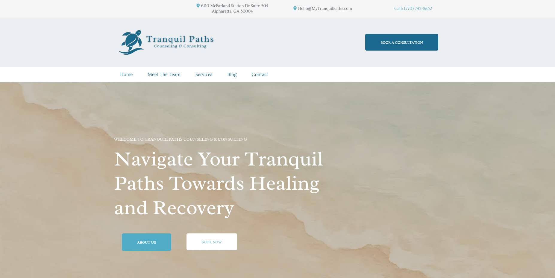 Website homepage for Tranquil Paths Counseling & Consulting, featuring the logo with a turtle icon, navigation menu, contact information, a call-to-action button for booking a consultation, and a background image of a shoreline with text encouraging 