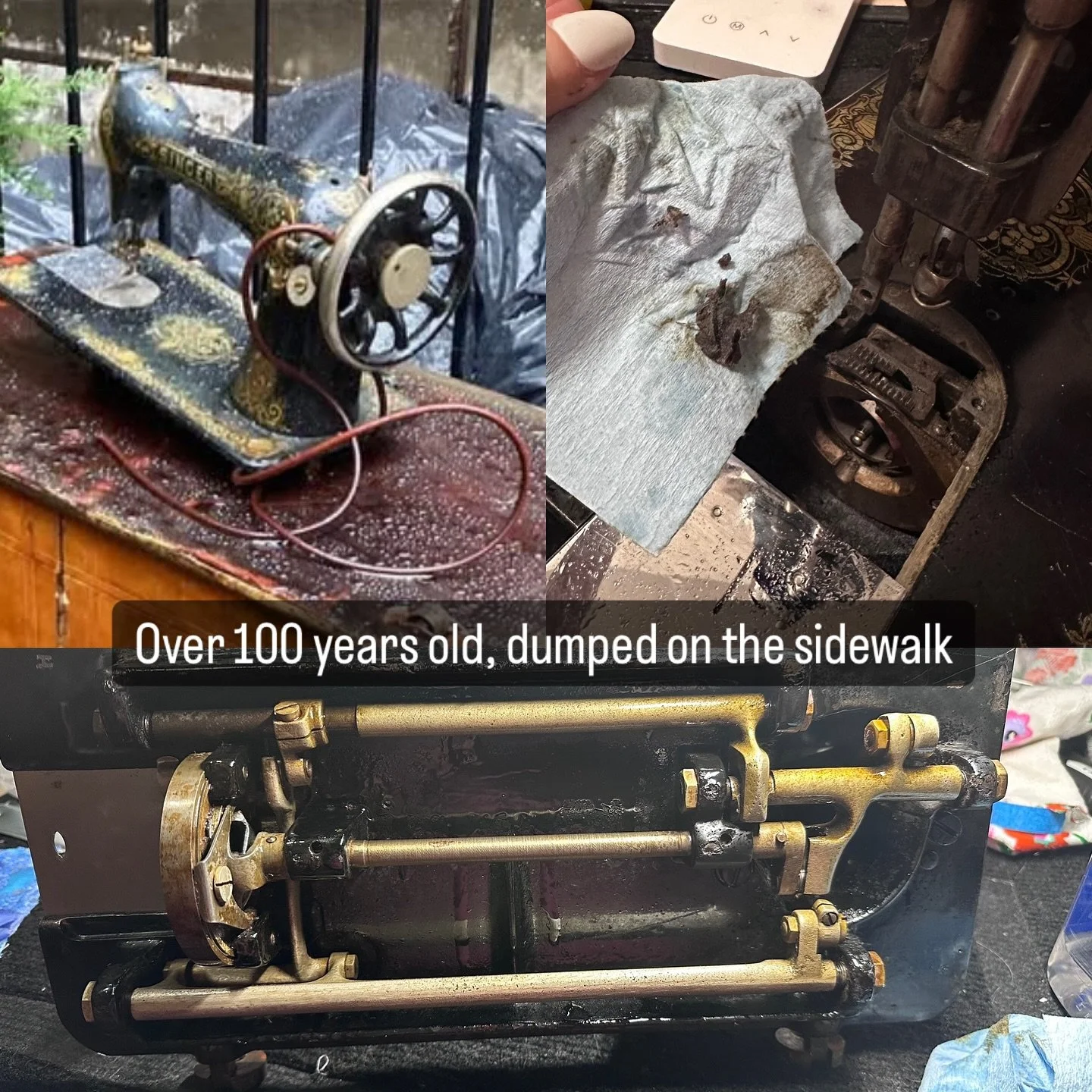 On Monday I rescued a 105 year old Singer Model 15-30 from the trash thanks to a local curb alert post. Swipe to see how she looks now and let me know what you think!

Need to replace a tension spring, stitch length dial, add a motor or hand crank an