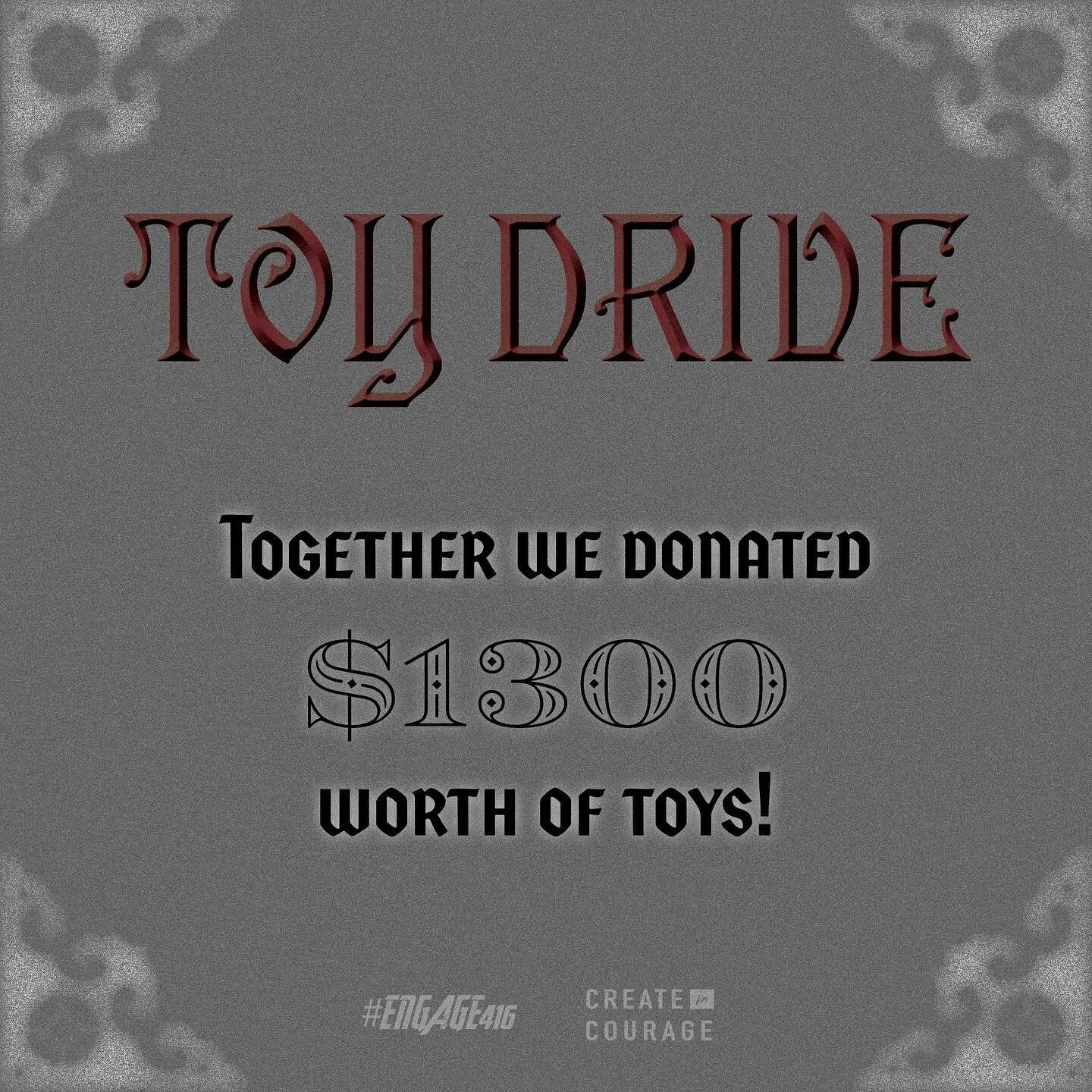 We have successfully completed our Holiday Toy drive for #Engage416. We would like to thank everyone for their support and donations. With everyone&rsquo;s contributions we were able to purchase $1,300 worth in presents for 41 children &amp; youth wi