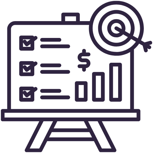 A presentation board with checklists, a dollar sign, and a bar graph, alongside a target symbol with an arrow hitting the bullseye.