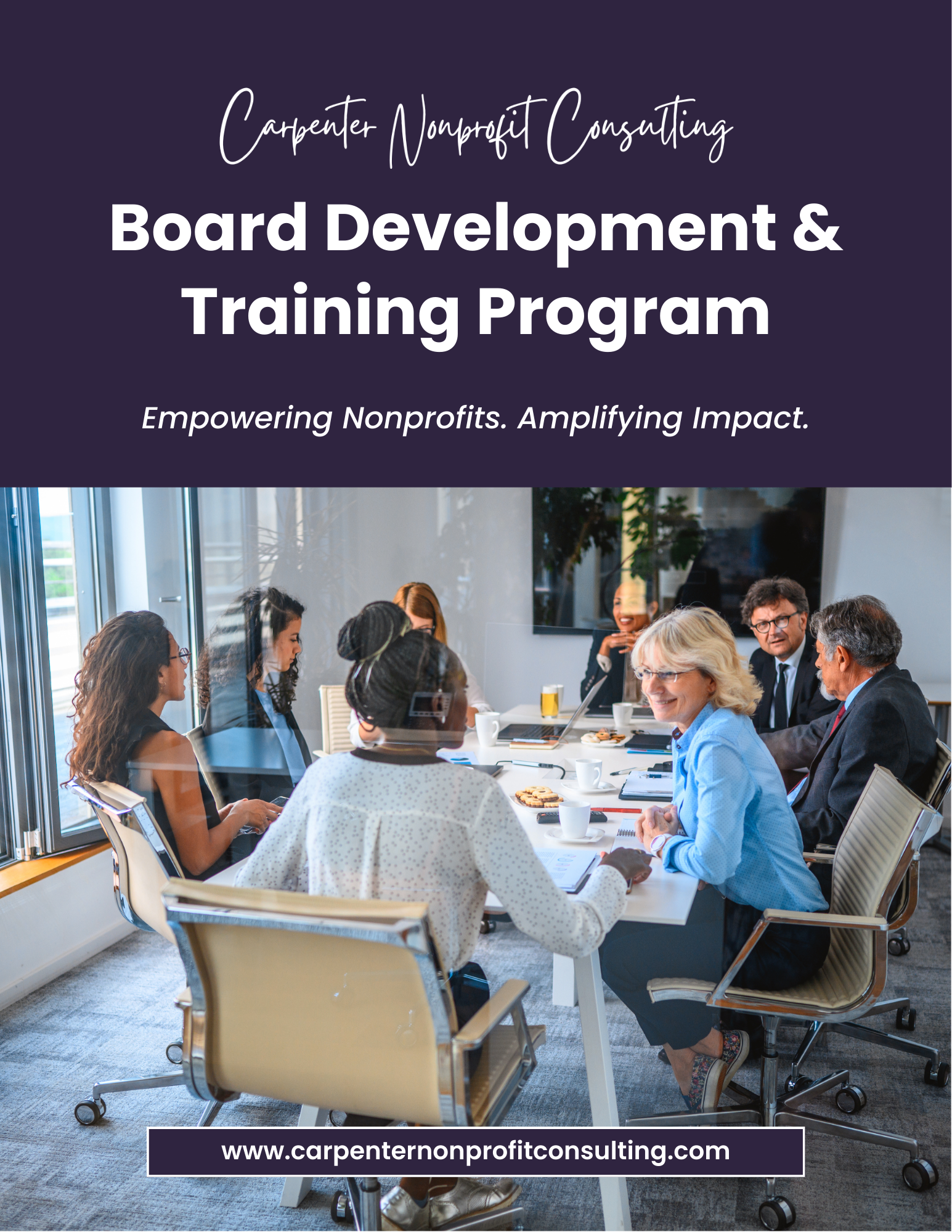A group of diverse professionals sitting around a conference table in a modern office, engaged in discussion during a nonprofit board development and training program.