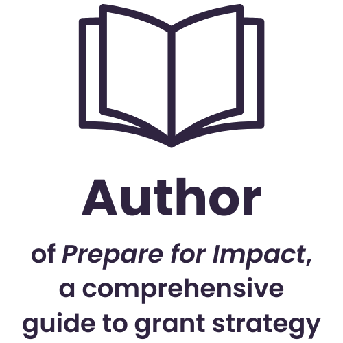 Logo of an open book with the word "Author" and the phrase "Prepare for Impact, a comprehensive guide to grant strategy" below it.