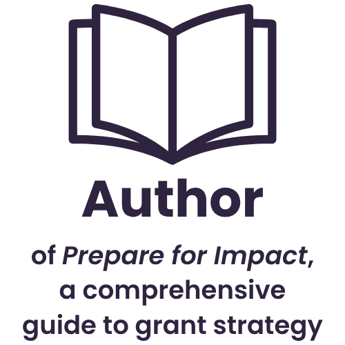 Open book icon with the word "Author" below, and the text "of Prepare for Impact, a comprehensive guide to grant strategy" underneath.