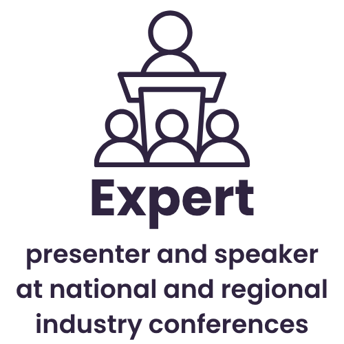 Icon of a speaker standing at a podium with three audience members, and the word "Expert" below it, followed by the text "presenter and speaker at national and regional industry conferences."