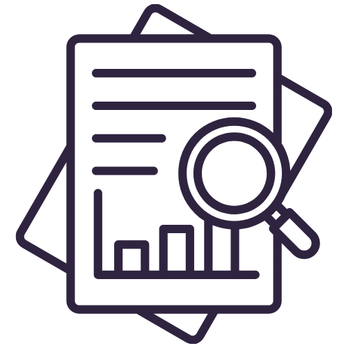 Icon of documents with a magnifying glass analyzing bar charts and text.