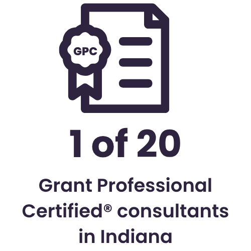 Certificate icon with GPC badge, text indicating 1 of 20, and caption 'Grant Professional Certified consultants in Indiana'.