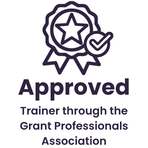 Approved badge icon with star, ribbon, and checkmark, with text 'Approved Trainer through the Grant Professionals Association'.