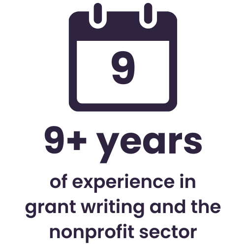 Calendar icon with the number 9 and the text '+ years of experience in grant writing and the nonprofit sector'.
