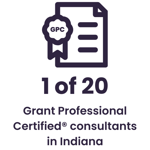 Certificate badge labeled 'GPC' with the text '1 of 20' and the caption 'Grant Professional Certified consultants in Indiana'.