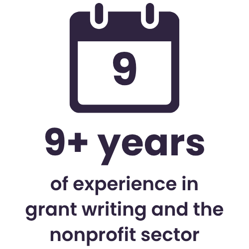 Calendar icon displaying the number 9, with text reading "9+ years of experience in grant writing and the nonprofit sector."