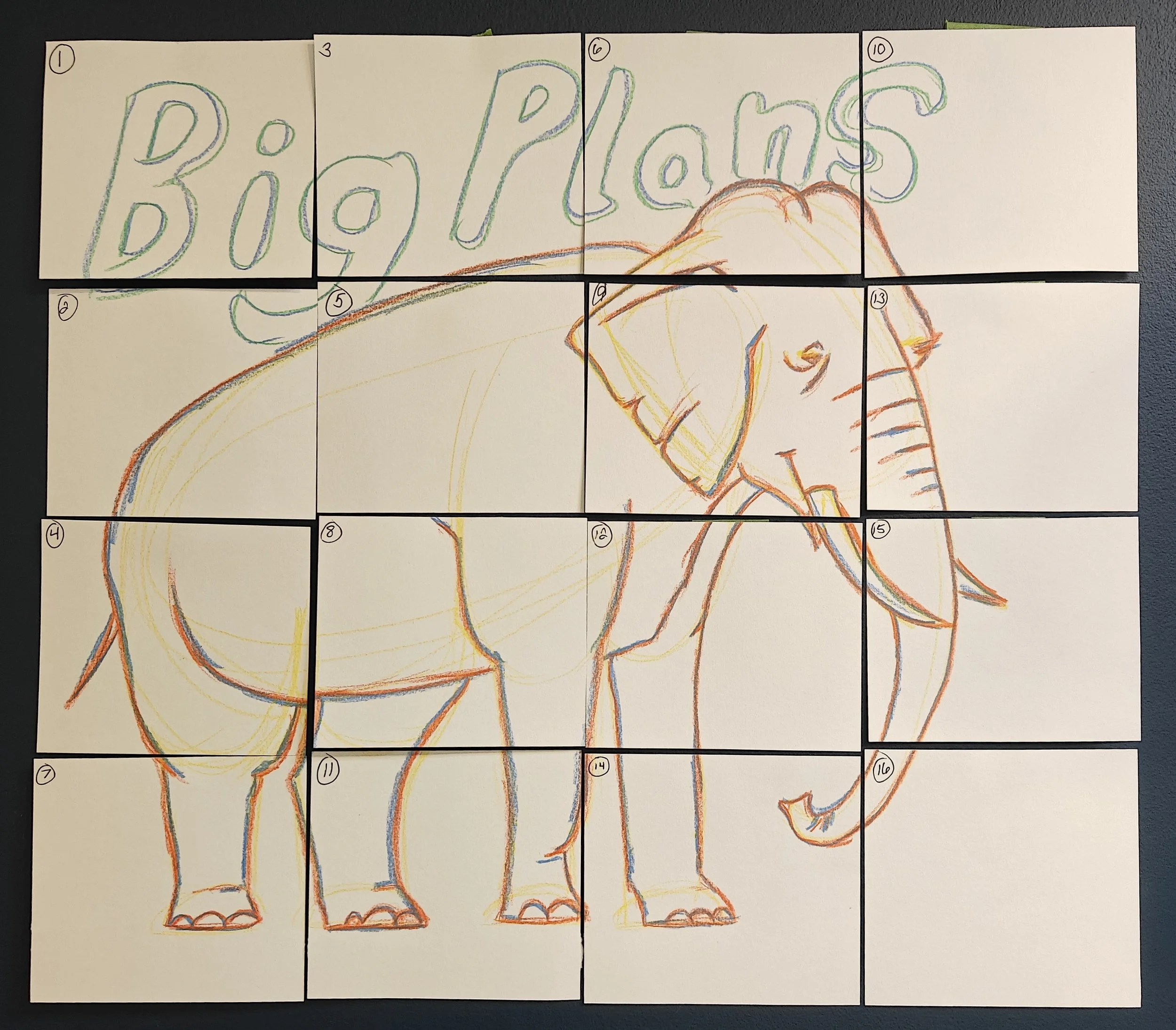 A hand drawn image of an elephant with the words "Big Plans" written above the elephant. The drawing has been cut into smaller rectangles.