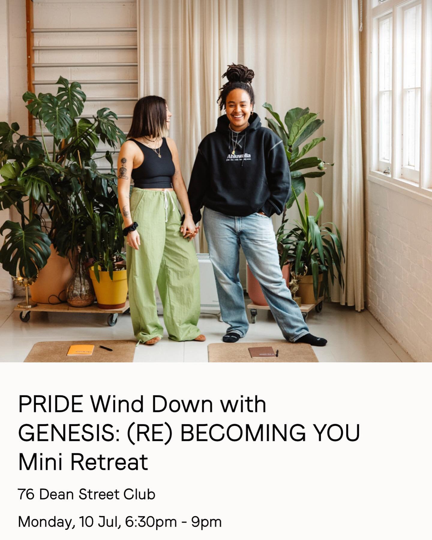 TONIGHT 💫

@peoplelikeusretreats x @sohohouse 

The perfect Pride wind down 🫶🏾 

A night of yoga, a self- discovery workshop, guided visualisation and ending with a bliss sound bath, we&rsquo;re so excited to bring our signature retreat- GENESIS: 