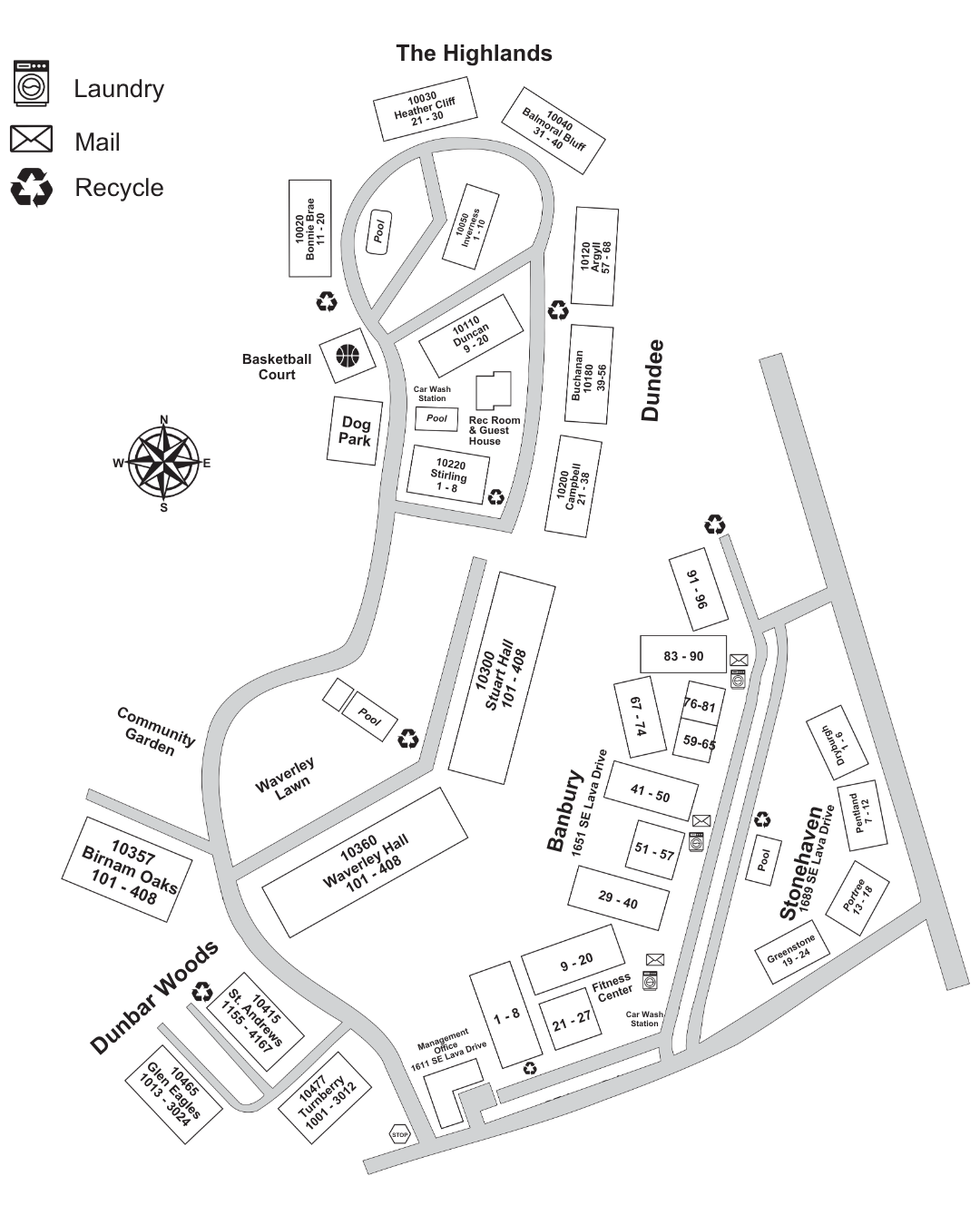 Site map of Waverley Greens showing buildings, parking, and amenities.