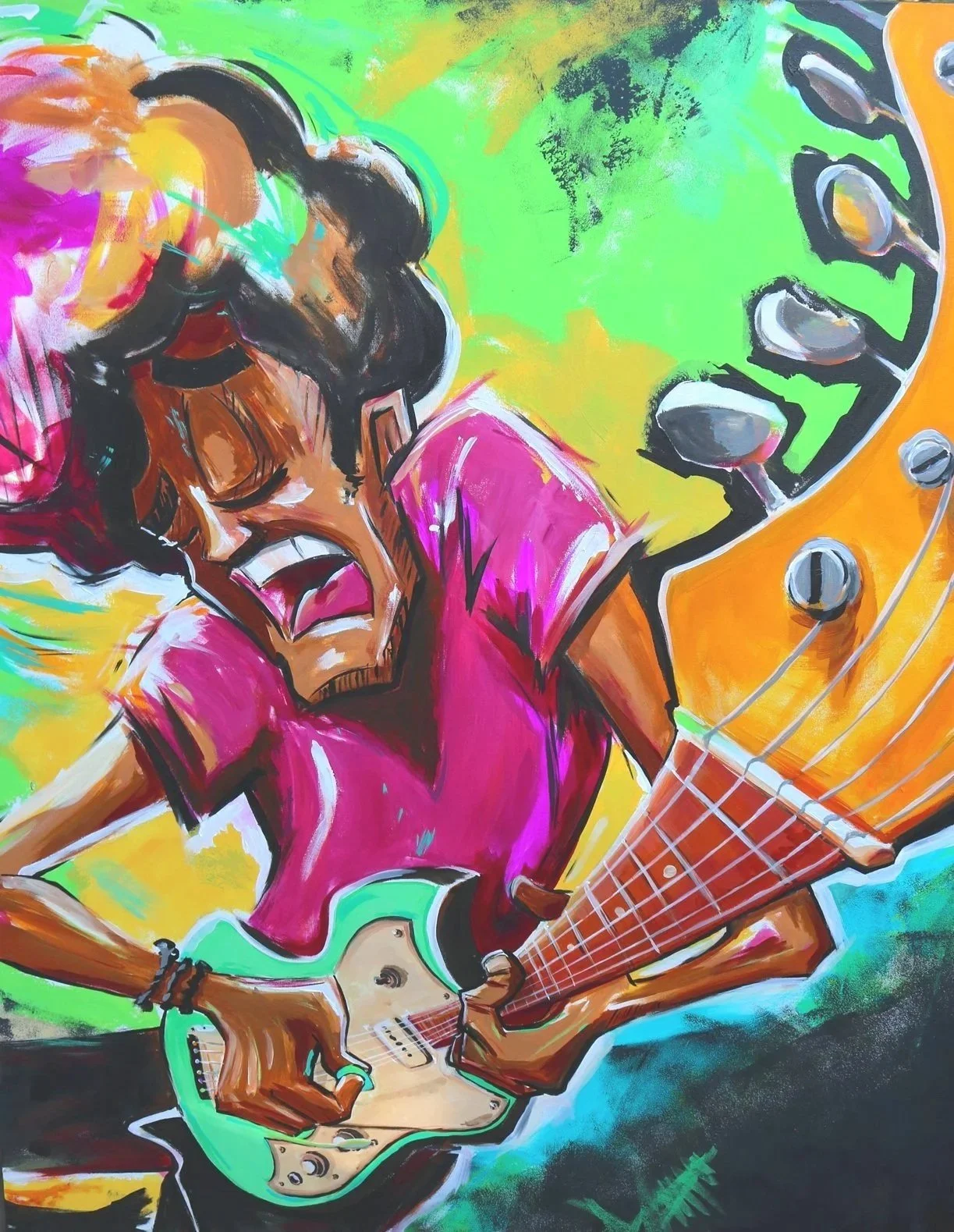 A colorful, expressive painting of a person playing an electric guitar, with an intense facial expression and vibrant background.