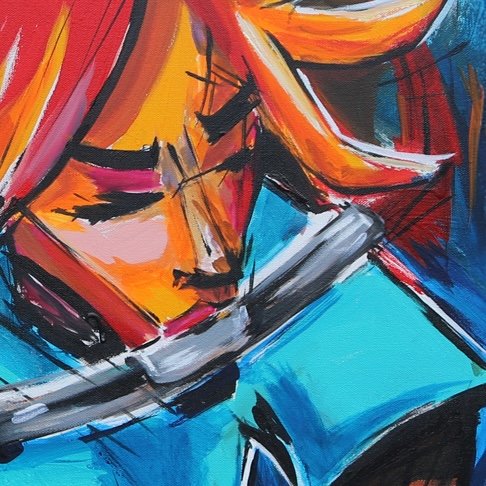 Abstract painting of a woman with closed eyes, wearing a blue top, with vibrant orange and yellow tones and bold black lines.