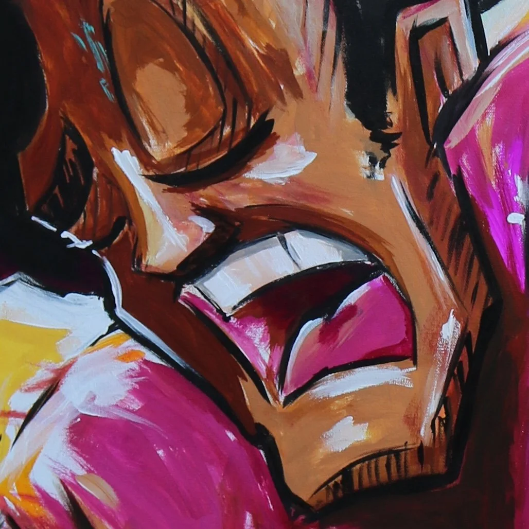 An abstract painting of a person's face in distress, with their mouth open and eyes closed, using bold black outlines, pink, orange, yellow, and white colors.