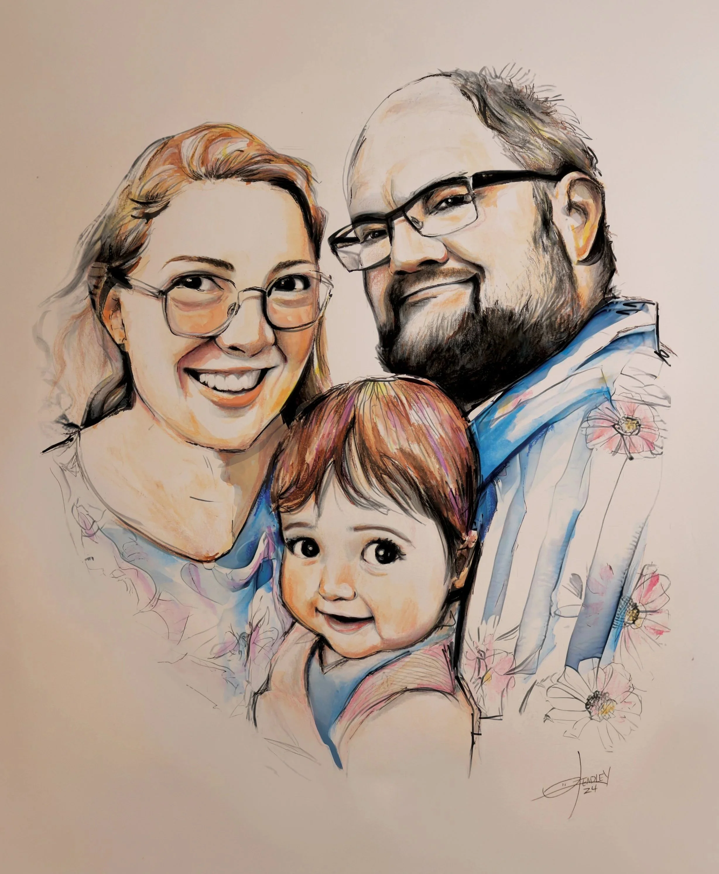 A colorful artistic portrait of a family, including a woman with glasses, a man with glasses and a beard, and two children, one girl and a boy, with flowers around them.