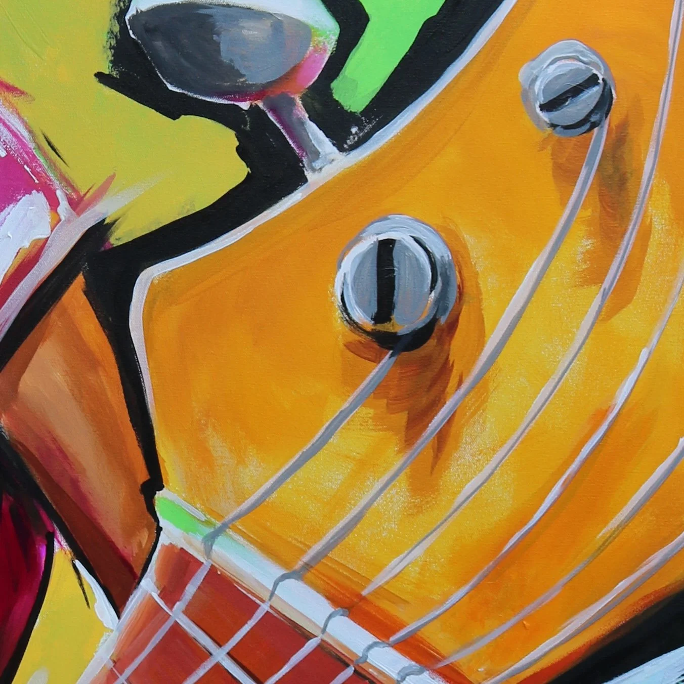 Close-up of an abstract colorful painting of a yellow guitar with strings and knobs.