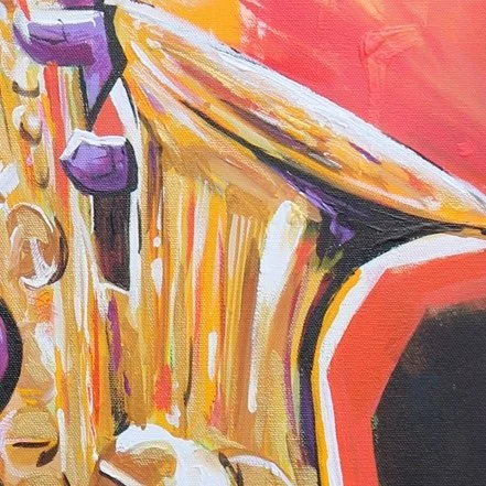 Close-up painting of a saxophone with bright colors including yellow, orange, purple, and black.
