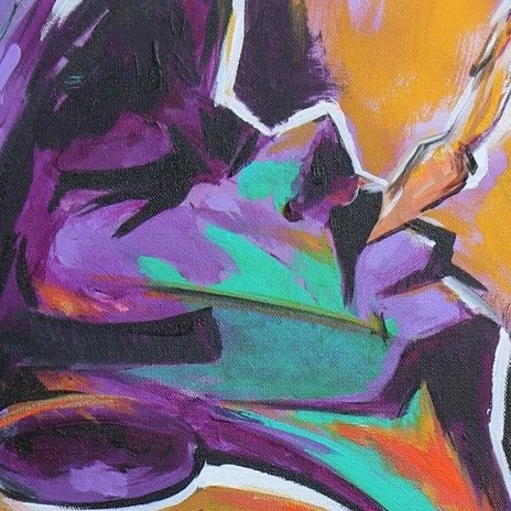 Abstract painting with bold purple, teal, orange, black, and white brushstrokes.