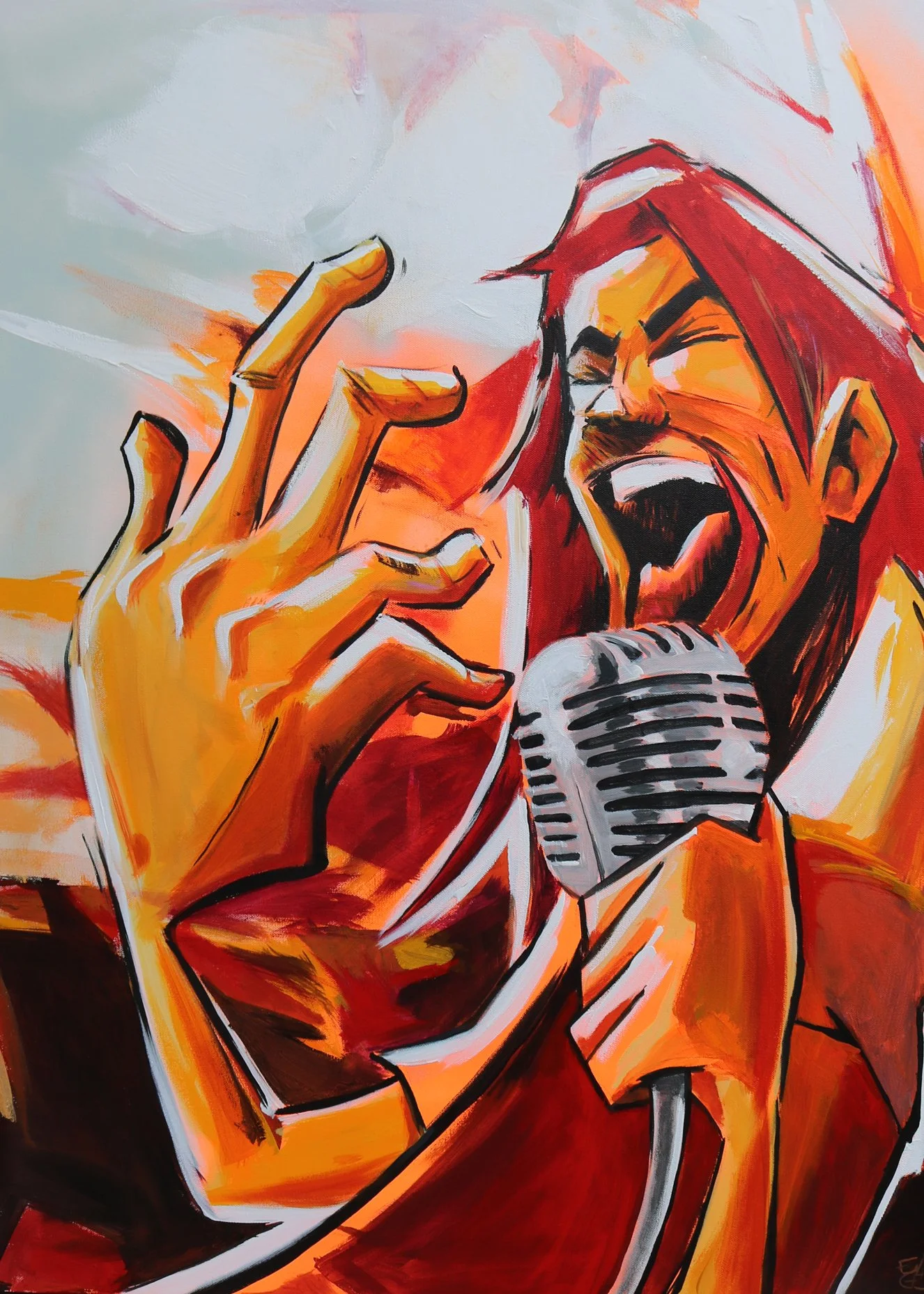 A colorful painting of a singer passionately shouting into a microphone, with one hand raised and fingers splayed, set against an abstract background.