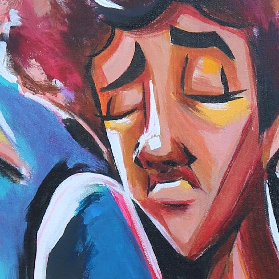 An abstract painting of a person's face with closed eyes, vibrant colors including red, orange, yellow, blue, and black, and expressive brushstrokes.