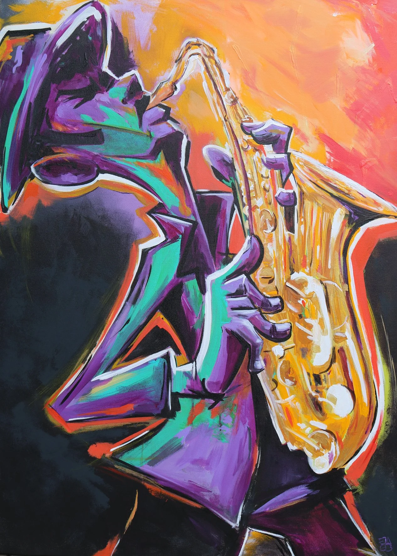 An abstract painting of a musician playing a saxophone, with vibrant colors including purple, green, orange, and yellow.