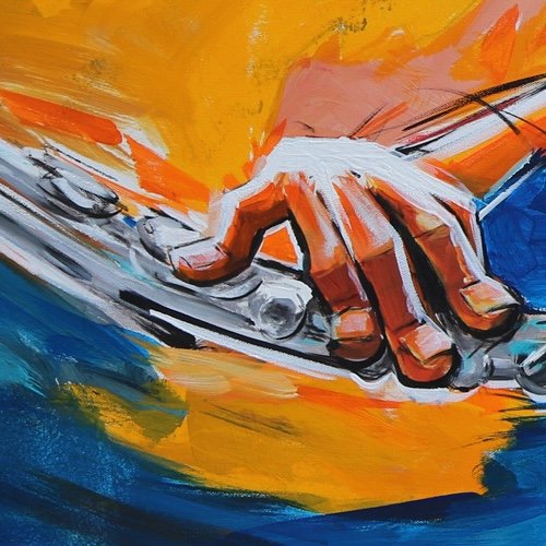 A colorful painting of a hand adjusting a turntable.