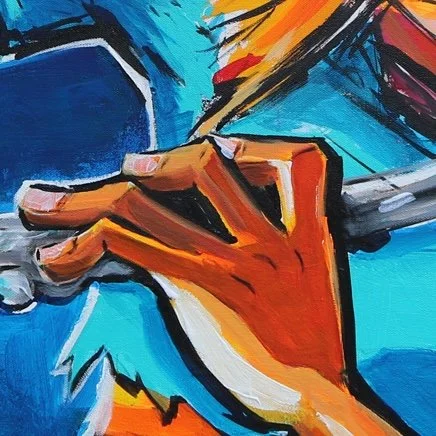 Close-up of a hand playing a saxophone, painted in a colorful, abstract style with bold brushstrokes.