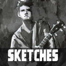 Black and white illustration of a man holding a guitar, with the word 'SKETCHES' written in bold at the bottom.